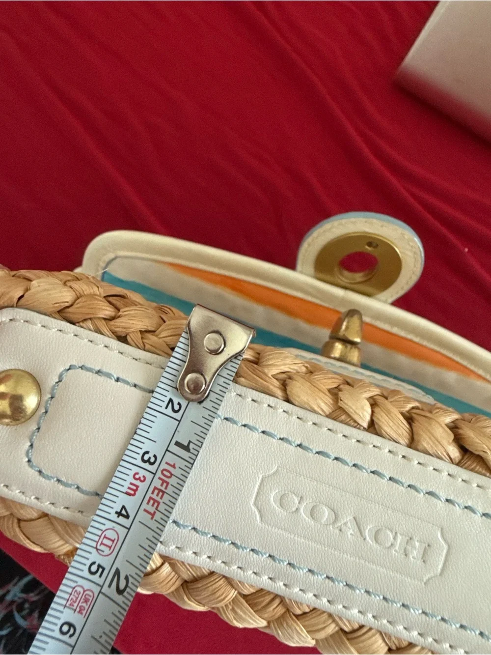 Coach Natural Straw and White Leather Turnlock Crossbody